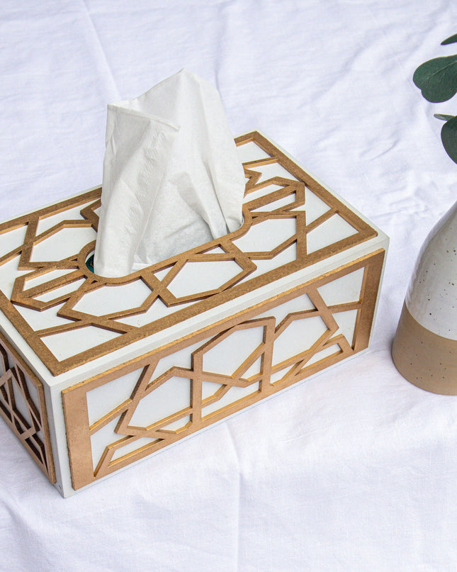 Wooden tissue box with geometric cut-out design on a white surface with a plant in the background.