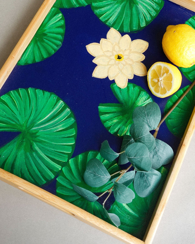 Hand-Painted Wooden Tray with Blue Background and Yellow Water Lilies