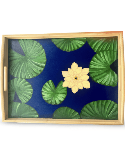 Casa Duniya Hand-Painted Decorative Wooden Tray Yellow Water Lily Tray