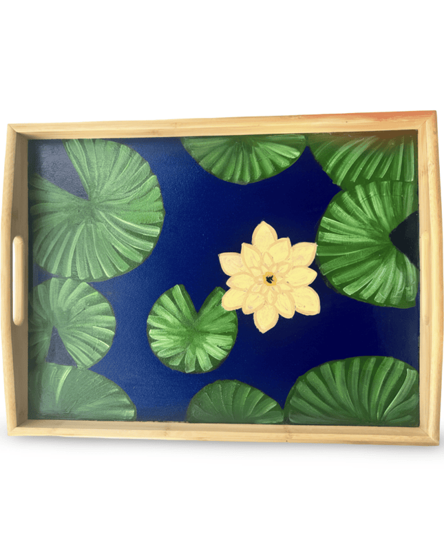 Casa Duniya Hand-Painted Decorative Wooden Tray Yellow Water Lily Tray