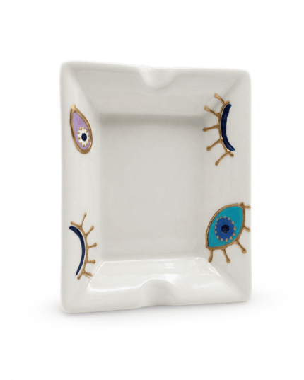 Rangeela Evil Eye Rectangular Ashtray, hand-painted white porcelain with multi-colored evil eyes, Casa Duniya