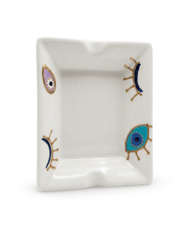 Rangeela Evil Eye Rectangular Ashtray, hand-painted white porcelain with multi-colored evil eyes, Casa Duniya