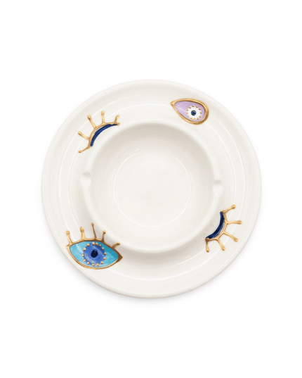 Rangeela Evil Eye Round Ashtray, hand-painted white porcelain with multi-colored evil eyes, Casa Duniya