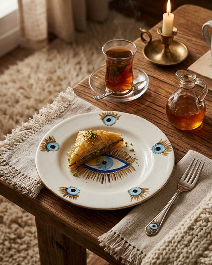 Close view of Rawan hand-painted evil eye dessert plate with blue and gold detail