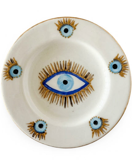 Rawan set of 4 white ceramic dessert plates hand-painted with blue and gold evil eyes