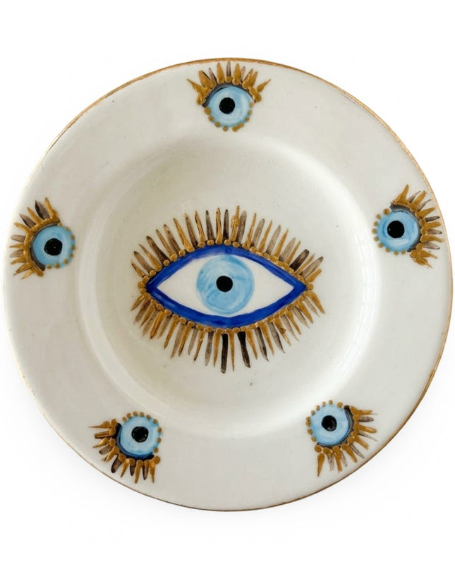 Rawan set of 4 white ceramic dessert plates hand-painted with blue and gold evil eyes