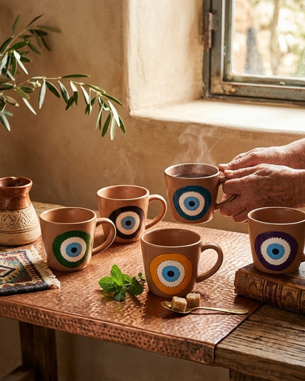 Lifestyle scene of the Matka Evil Eye Mugs set on a table