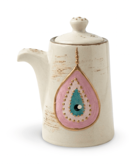 Rangeela mini white ceramic sauce jug hand-painted with a pink evil eye