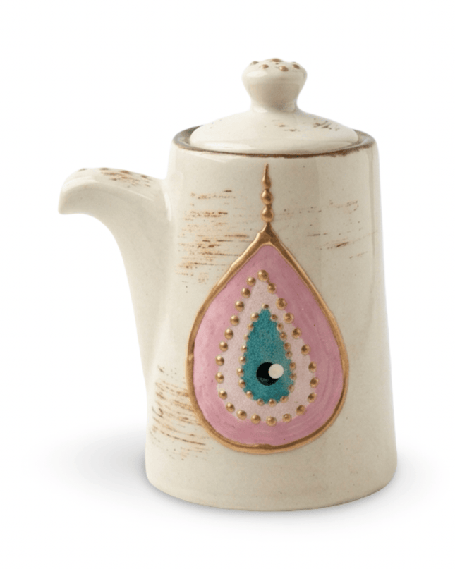 Rangeela mini white ceramic sauce jug hand-painted with a pink evil eye
