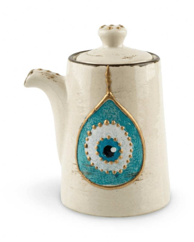 Rangeela mini white ceramic sauce jug hand-painted with a turquoise evil eye