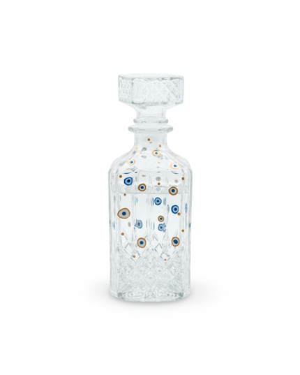 Clear crystal square decanter with stopper, hand-painted with white and blue evil eyes