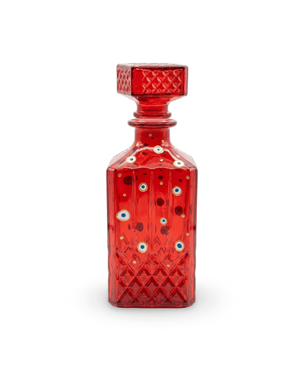 Red crystal square decanter with stopper, hand-painted with white and blue evil eyes