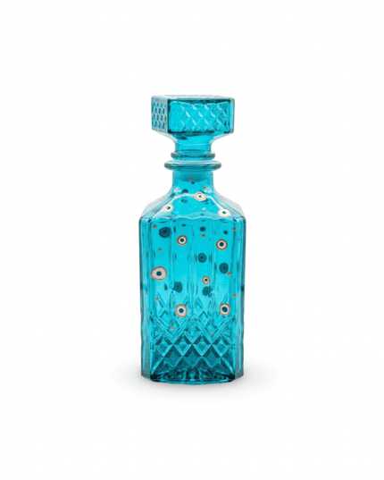 Turquoise crystal square decanter with stopper, hand-painted with white and blue evil eyes