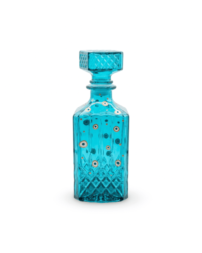 Turquoise crystal square decanter with stopper, hand-painted with white and blue evil eyes