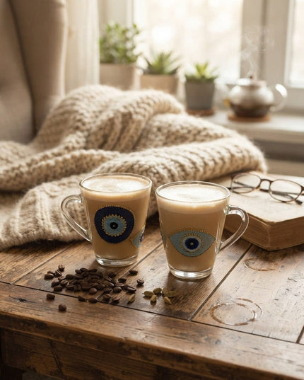Amal evil eye glass mug, hand-painted in Jordan
