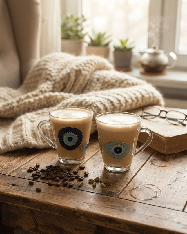 Amal evil eye glass mug, hand-painted in Jordan