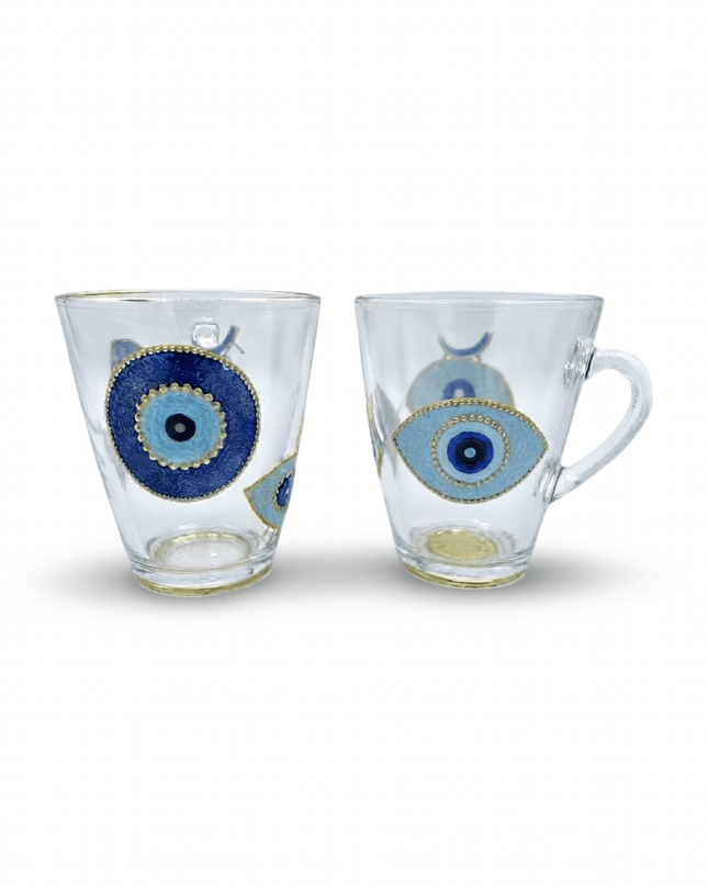 Set of 2 hand-painted evil eye glass mugs from Jordan