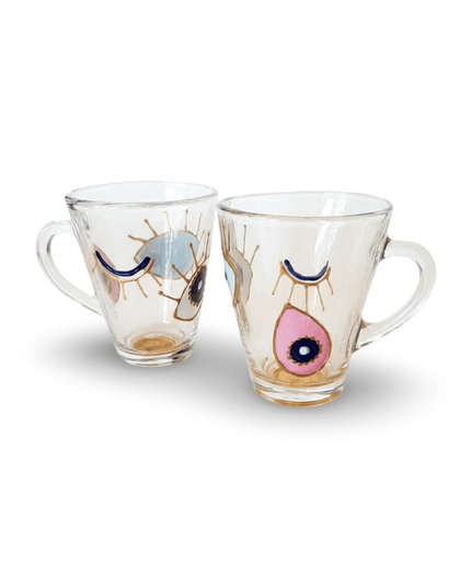 Dalia pink hand-painted evil eye glass mugs, set of 2