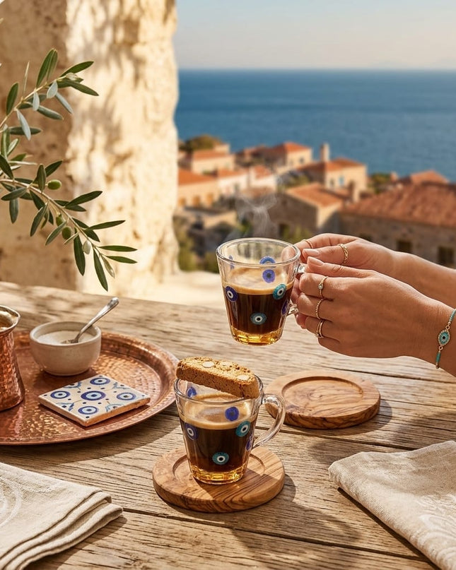 Lifestyle scene of the Rania Evil Eye Mugs set on a table