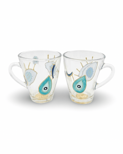 Dalia turquoise hand-painted evil eye glass mugs, set of 2