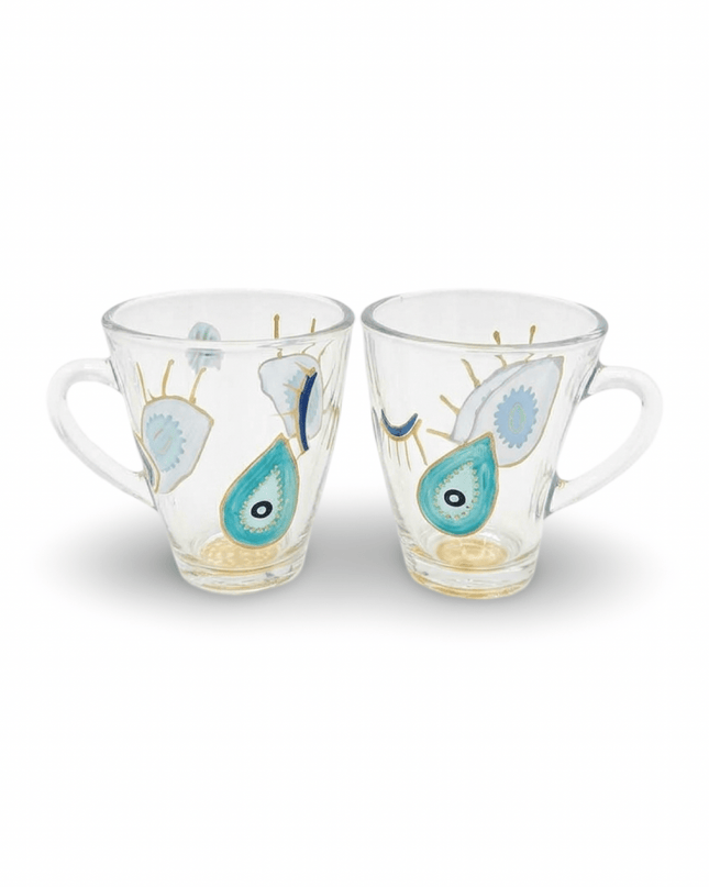 Dalia turquoise hand-painted evil eye glass mugs, set of 2
