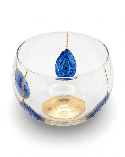 Lila hand-painted evil eye clear glass serving bowls with blue and gold eyes