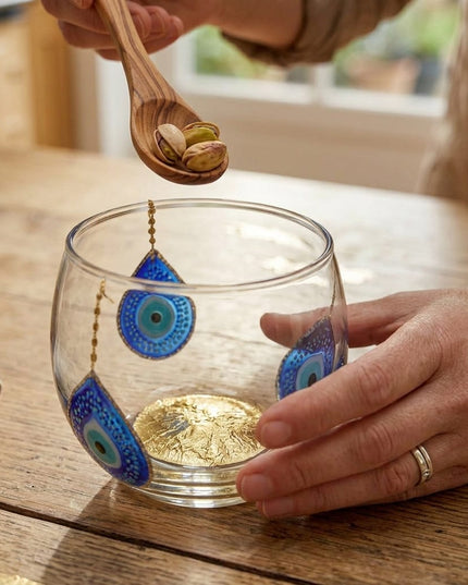 Lila blue and gold evil eye glass serving bowls, large and small