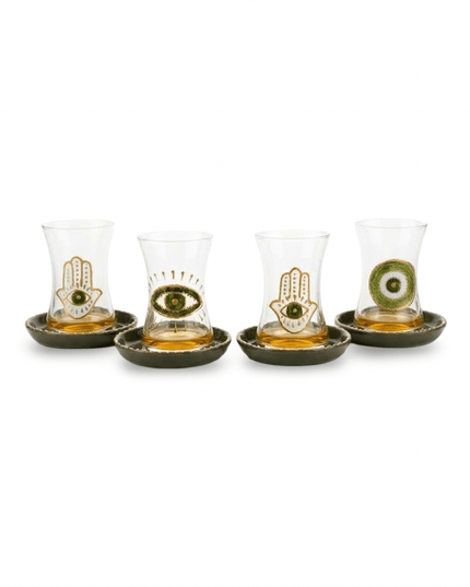 Nana glass tea cups hand-painted with green evil eye and hamsa hand, with green ceramic saucers with gold borders