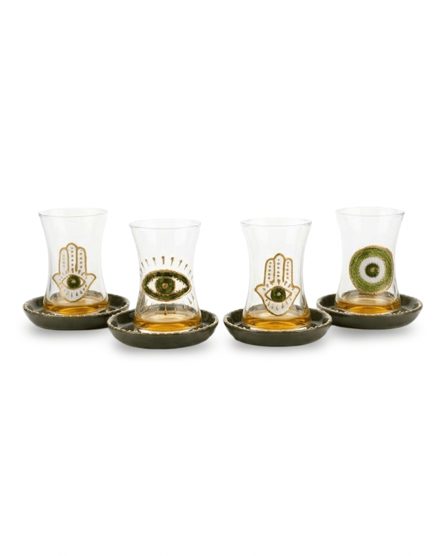 Nana glass tea cups hand-painted with green evil eye and hamsa hand, with green ceramic saucers with gold borders