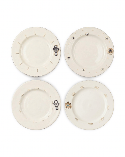 Tala set of 4 white ceramic dessert plates hand-painted with evil eye and hamsa designs