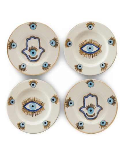 Rawan set of 4 ceramic dessert plates hand-painted with two evil eye plates and two hamsa plates in blue and gold