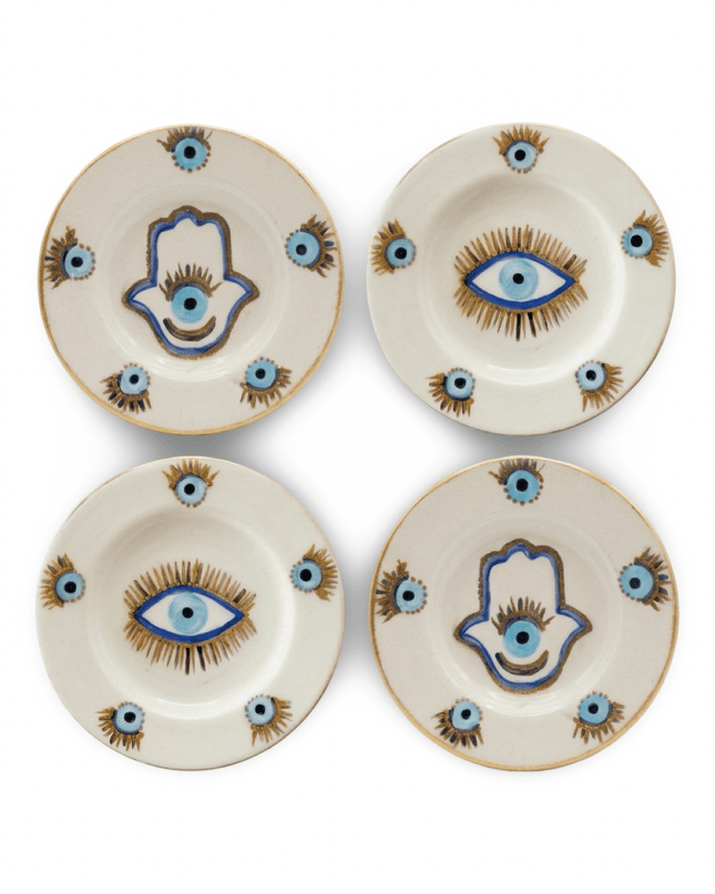 Rawan set of 4 ceramic dessert plates hand-painted with two evil eye plates and two hamsa plates in blue and gold
