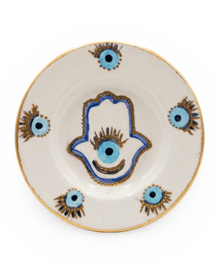 Rawan liquid gold hamsa dessert plate, hand-painted in blue and gold