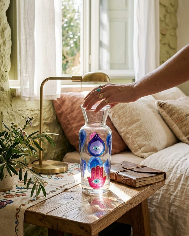 Lifestyle scene of the Jewel Evil Eye & Hamsa Water Carafe on a table
