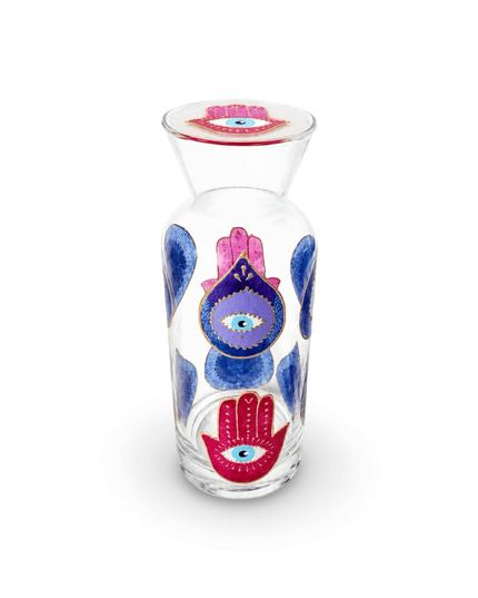 Hand-painted evil eye and hamsa glass water carafe with matching lid