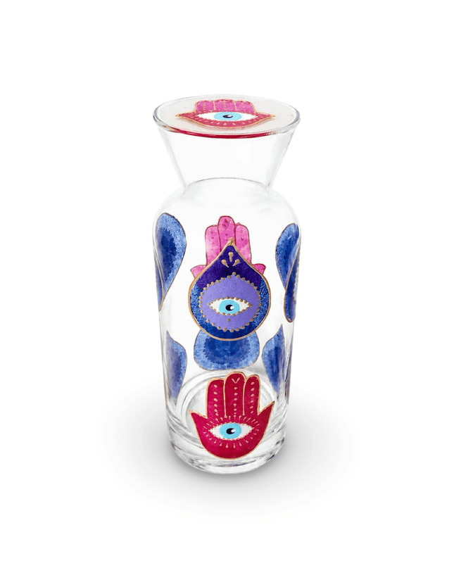 Hand-painted evil eye and hamsa glass water carafe with matching lid