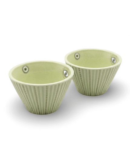 Set of 2 green porcelain bowls hand-painted with gold dots and white and gold evil eye and hamsa designs