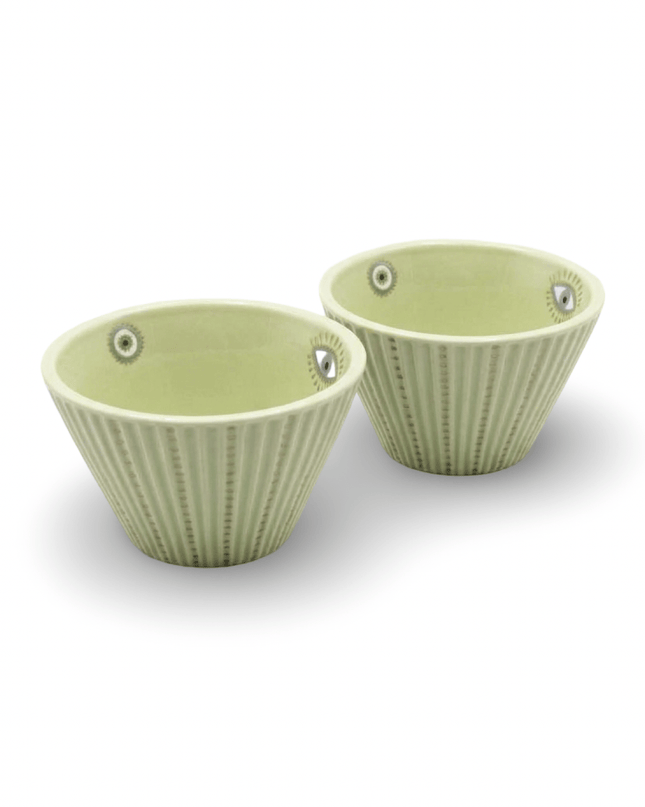 Set of 2 green porcelain bowls hand-painted with gold dots and white and gold evil eye and hamsa designs