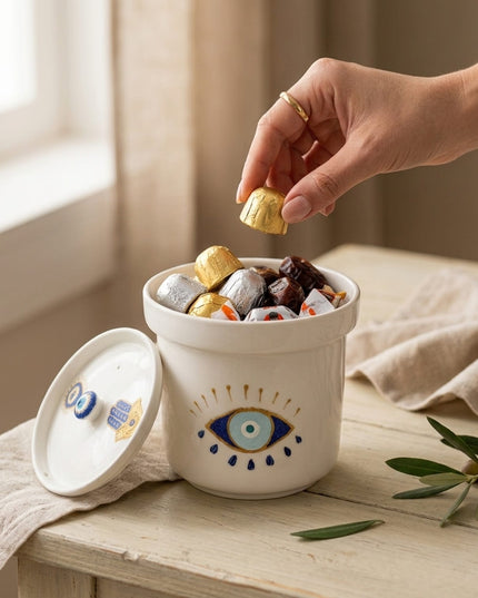 Casa Duniya Hand-Painted Evil Eye Ceramic Jar Styled Amara Evil Eye Ceramic Jar