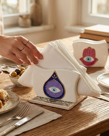 Other side of the Jewel Hamsa Napkin Holder, hand-painted hamsa and evil eye design on white porcelain