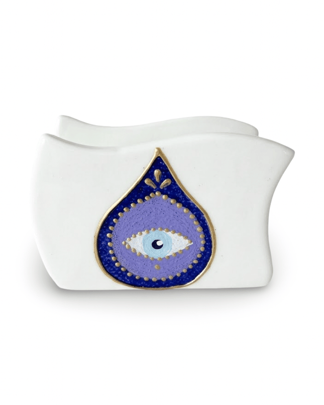 Jewel Hamsa Napkin Holder, hand-painted white porcelain napkin holder from Jordan, Casa Duniya
