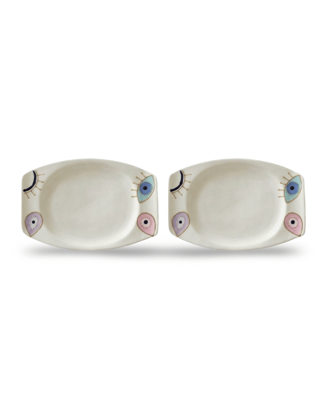 Rangeela white porcelain appetizer plates, set of two, hand-painted with multi-colored evil eyes and eyelashes