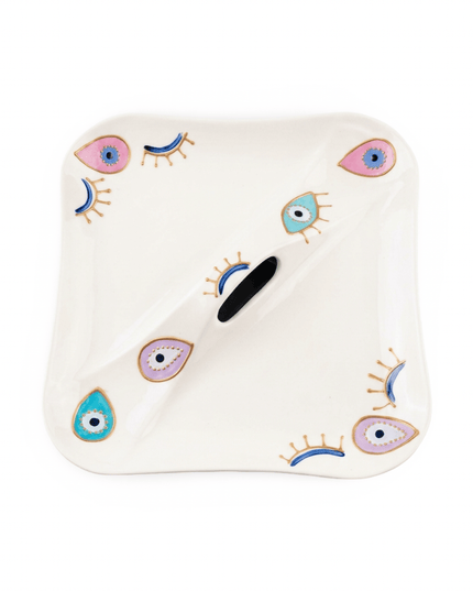 Rangeela white porcelain appetizer plate with a center hole handle and hand-painted multi-colored evil eyes with eyelashes