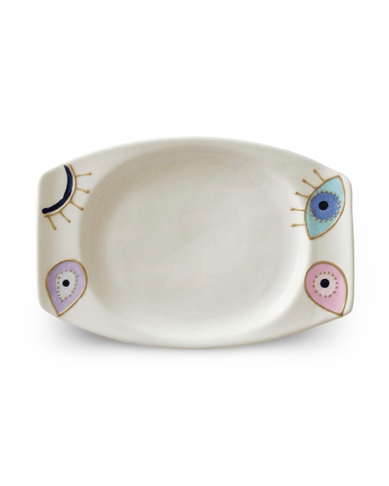 Rangeela white porcelain appetizer plate hand-painted with multi-colored evil eyes and eyelashes