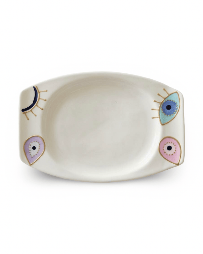 Rangeela white porcelain appetizer plate hand-painted with multi-colored evil eyes and eyelashes