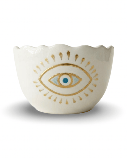Marina Evil Eye Scalloped Bowls set of 3, hand-painted white porcelain bowls with a turquoise and gold evil eye, Casa Duniya