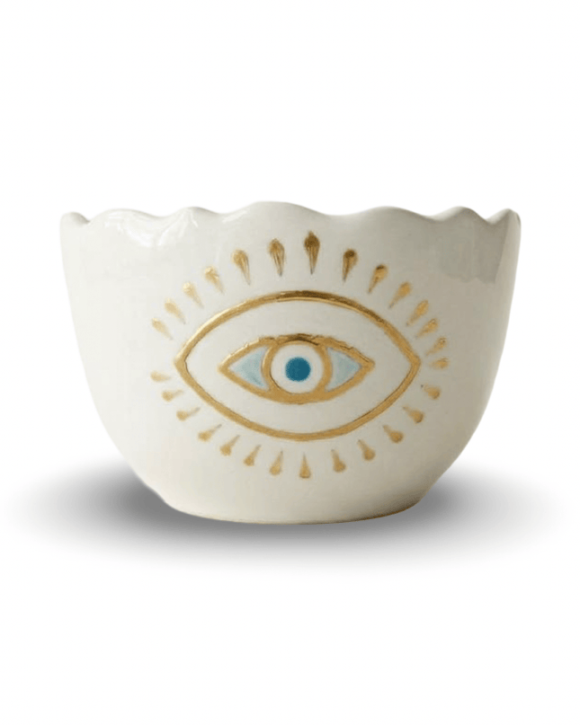 Marina Evil Eye Scalloped Bowls set of 3, hand-painted white porcelain bowls with a turquoise and gold evil eye, Casa Duniya