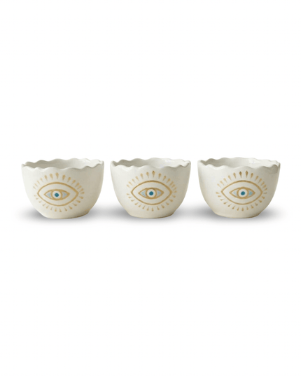 Marina scalloped-rim porcelain bowl with a single turquoise and gold evil eye, handmade in Jordan