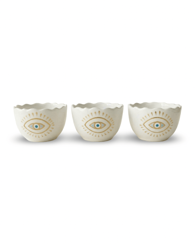 Marina scalloped-rim porcelain bowl with a single turquoise and gold evil eye, handmade in Jordan