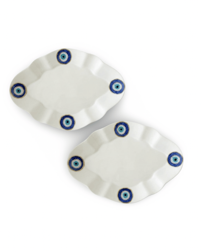 Ghayma scalloped oval white porcelain dessert plates, set of two, hand-painted with blue and gold evil eyes